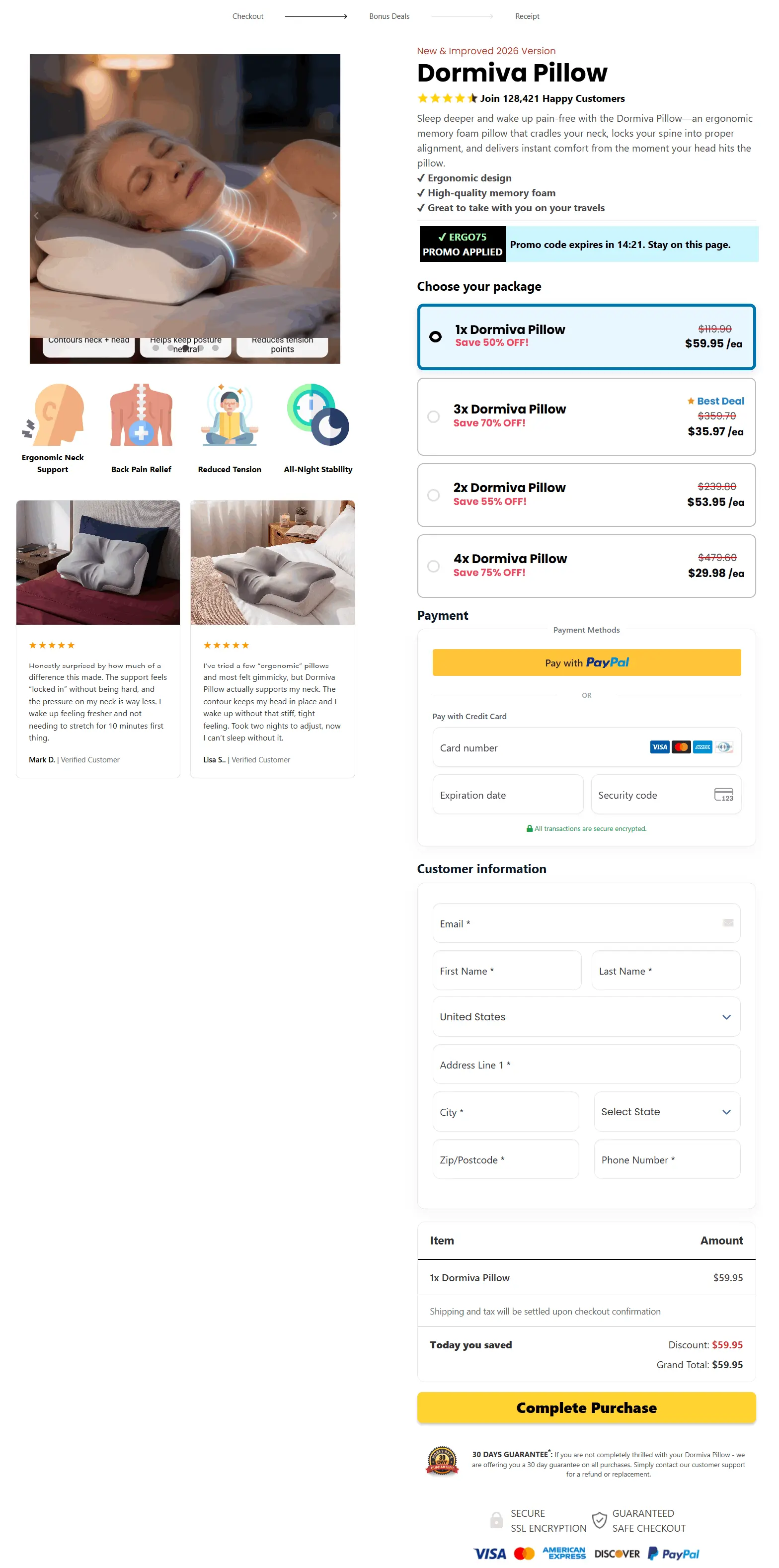 Dormiva Pillow secure checkout page